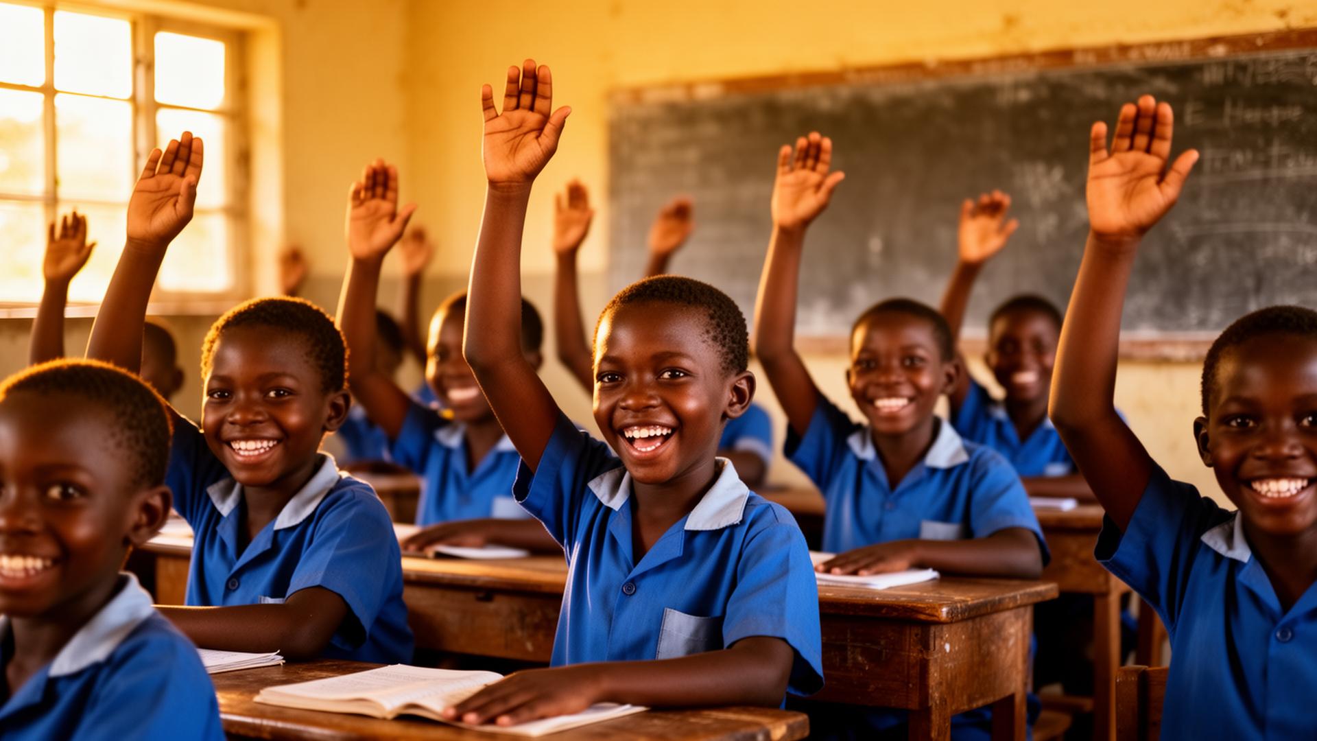 Children raising their hands in a Kenyan classroom